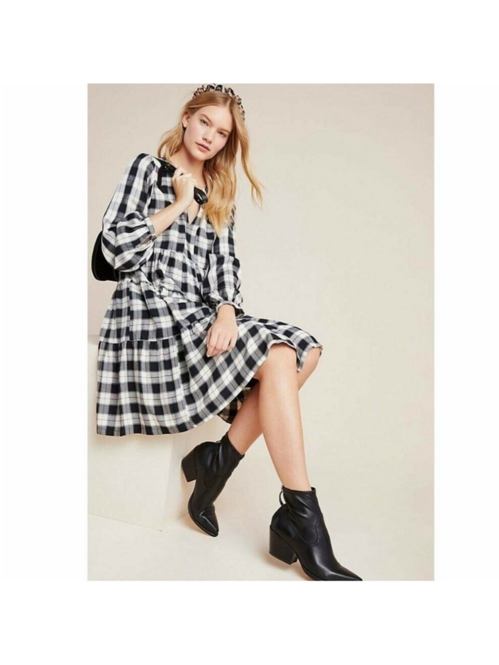 Anthropologie Maeve Black and White Plaid Tiered V-Neck Long Sleeve Dress - Picture 2 of 9